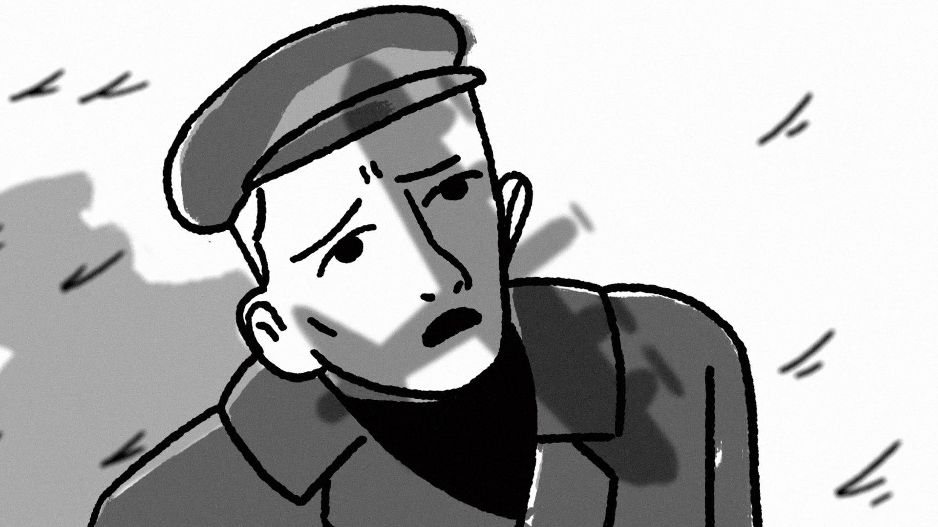 Animation of boy looking up at passing plane for documentary film.